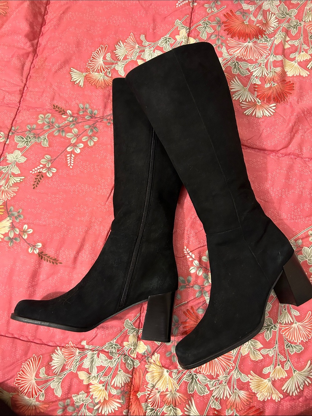 Classic Black Faux Suede Knee-High Block Heel Boots